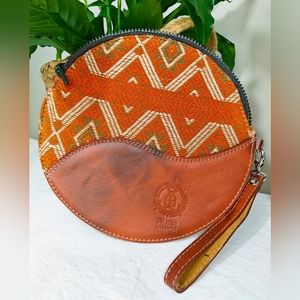 Leather Clutch Handbag, Brown Round Women Clutch, embroidery Textile and Leather
